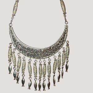 Vintage Floral Fish Motifs Silver Necklace With Intricate Design Chain Hook Clas